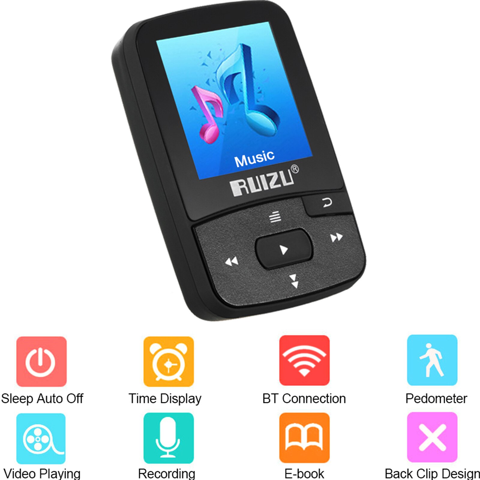 RUIZU-reproductor MP3 X50, dispositivo deportivo con Bluetooth, Clip de 8gb, Mini reproductor MP3 MP4 con pantalla compatible con FM, grabación, E-Book, reloj, podómetro