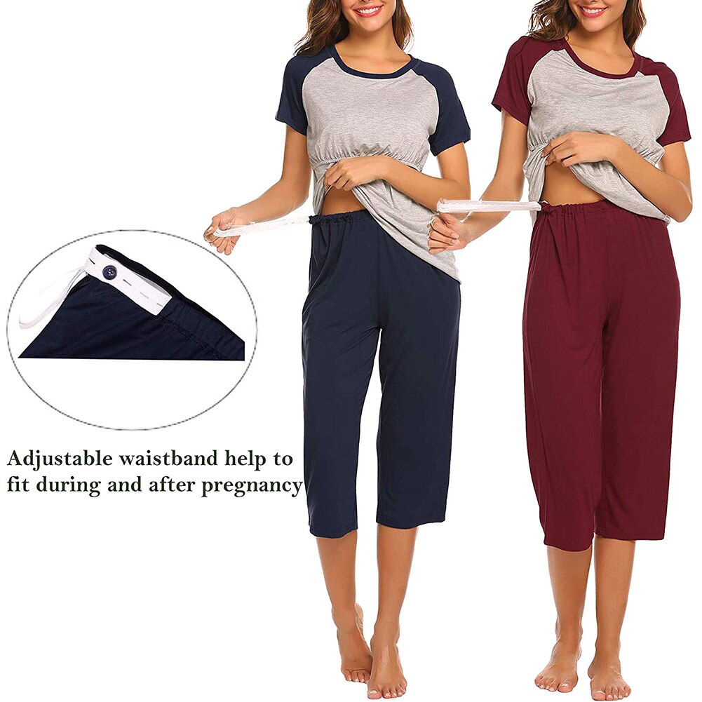 Femmes allaitement hôpital soins infirmiers pyjama ensemble élastique manches courtes pour maternité automne taille réglable hauts 3/4 pantalon maison