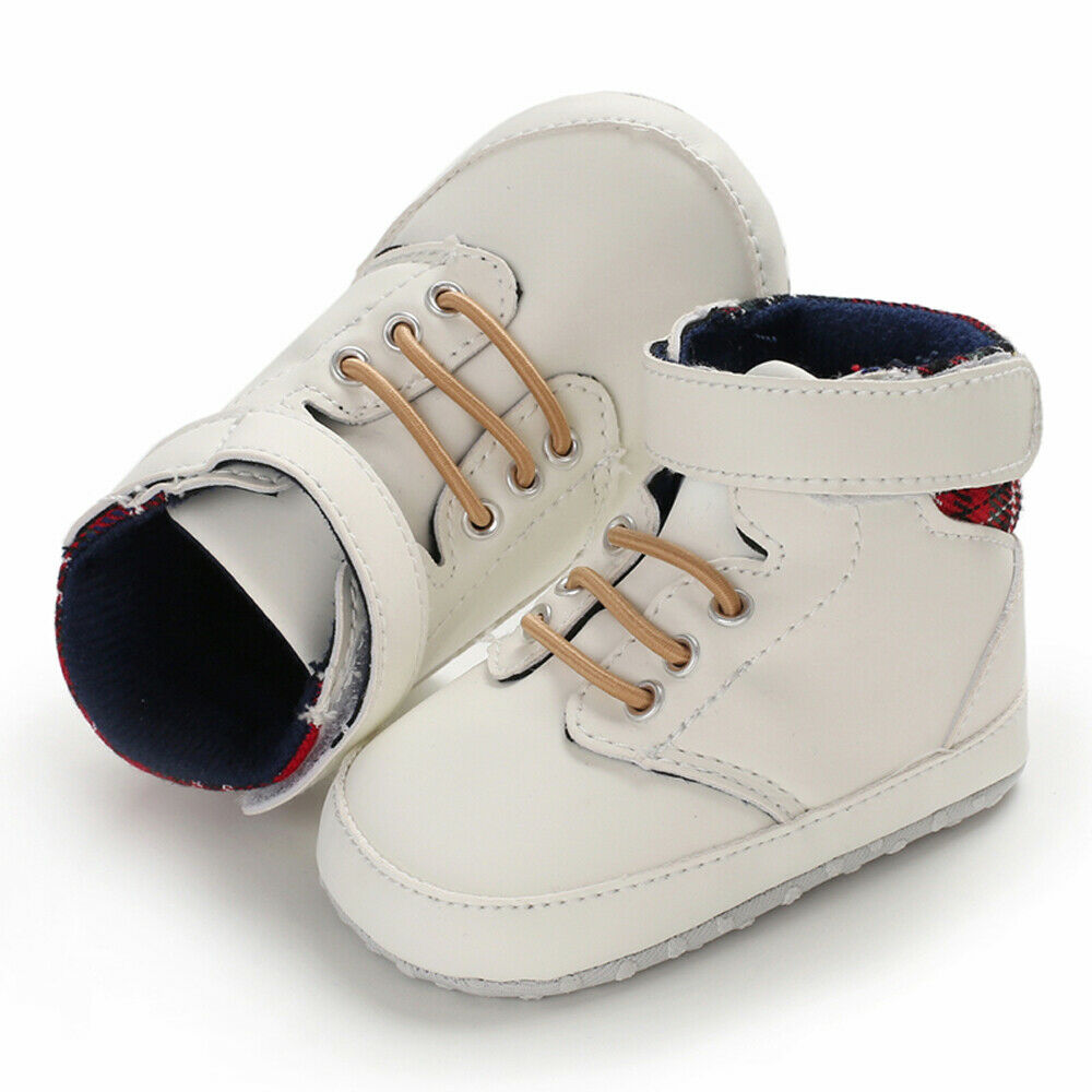 Mode Winter Peuter Meisjes Jongens Laarzen Lace-up Crib Schoenen PU Leer Plaid Pasgeboren Baby Prewalker Zachte Zool sneakers: WHITE / 7-12 Months