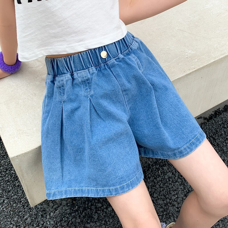 Pantaloni per adolescenti pantaloncini pieghettati lavati elastici per bambini estivi per ragazze pantaloncini per ragazze di moda bambini blu pantaloni corti Jeant vestiti