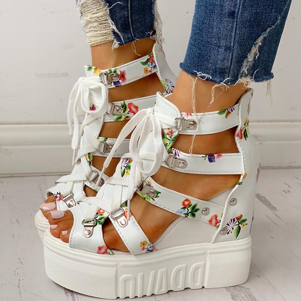 Zomerschoenen dames sandalen plateau veters hoge hakken casual schoenen dames ins print vrijetijdsschoenen wedges damesschoenen: Wit / 37