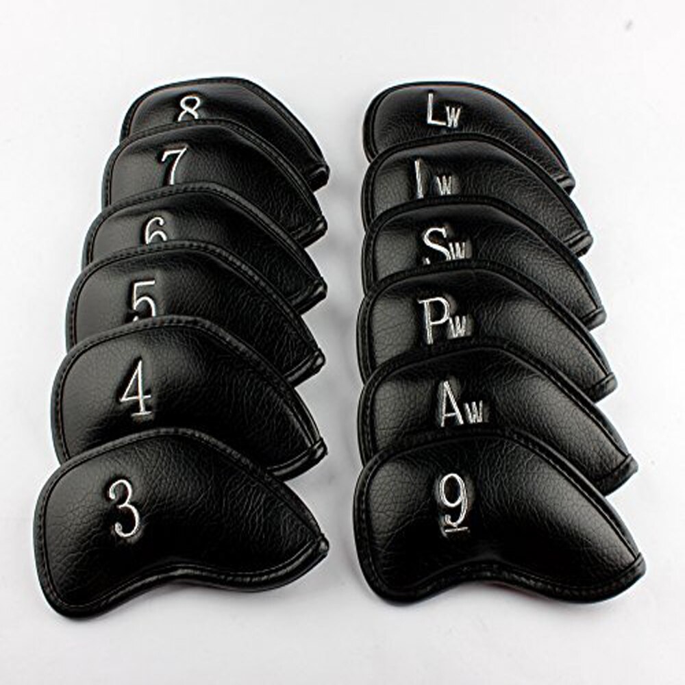 12 pçs/pçs/set preto golf headcovers conjunto de couro sintético à prova dwaterproof água com número bordado apto para todos golfe ferro clube