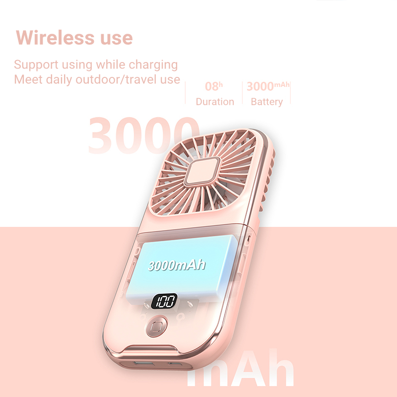 Mini ventilador de mano portátil para exteriores, ventilador de cuello colgante, carga USB, 3000mAh, alimentado por batería 180 ° Ventilador de refrigeración de aire de mesa inalámbrico plegable
