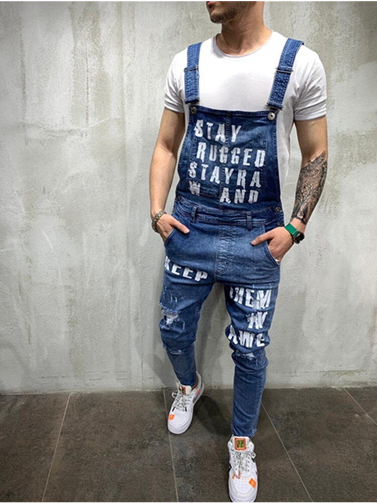 Homme déchiré jean imprimé lettres combinaisons rue en détresse Denim style britannique salopette à bretelles homme jarretelle pantalon travail vêtements: Blue / XL