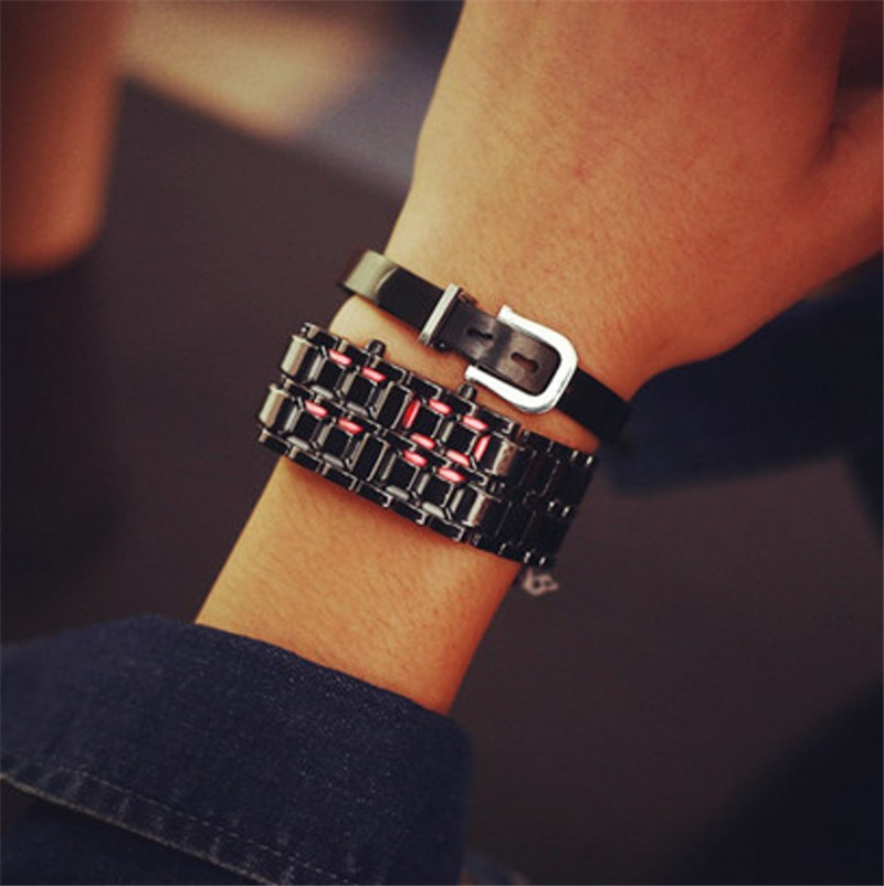 Men Women Lava Iron Samurai Metal LED Faceless Bracelet Watch Wristwatch Full steel Fire digital watch
