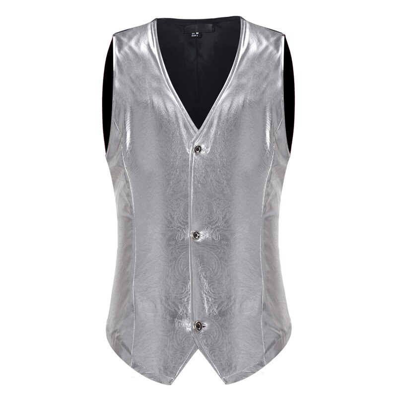 Mens Silver Metallic Coated Suit Vest Brand Slim Fit Single Breasted Suit Vest Waistcoat Men Punk Club Gilet Costume: sliver / M