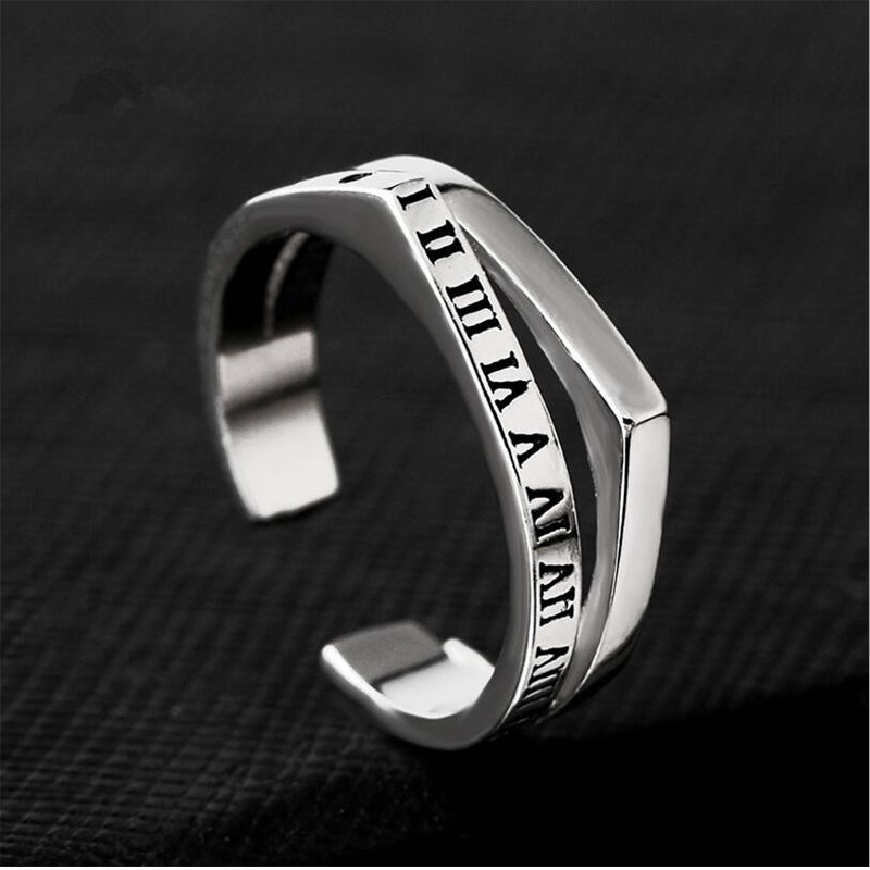 Anenjery Personality Vintage Roman Number Thai Silver Color Double Rings For Women Adjustable Rings S-R289