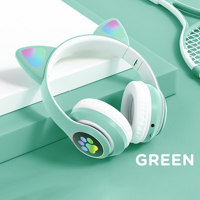 Flashing LED Cute Cat Wireless Headphones with Microphone Women HiFi Stereo RGB Music Phone Bluetooth Headset: green