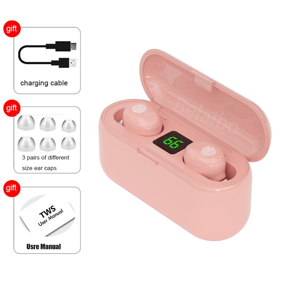 Sans fil écouteurs Bluetooth casque 5.0 F9 TWS 2200mAh batterie externe 9D stéréo sport étanche écouteurs casque avec Microphone: F9-1 pink