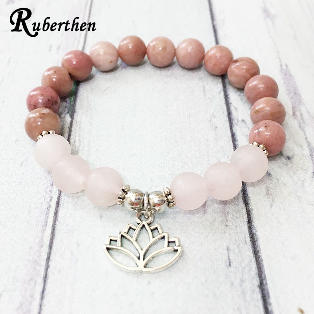 Bracelet fille 8 mm Rhodonite mat Rose Quart z Bracelet Lotus Chram Yoga équilibre bijoux