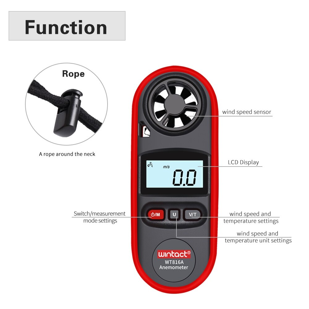 Wintact Pocket Hand-held Digital Anemometer Wt816a Shipped Without Batteries Lcd Display with Backlight Easy for Reading