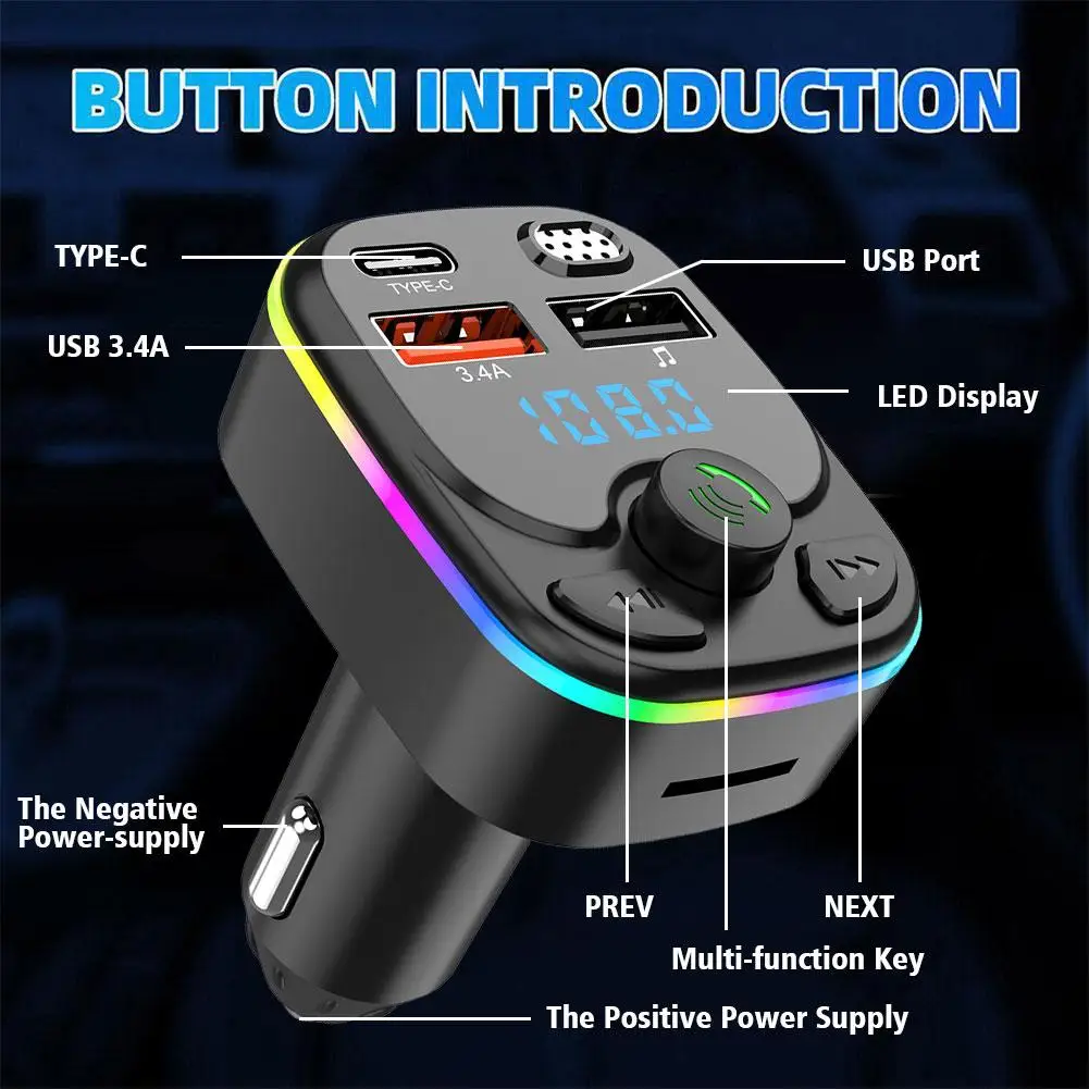 Transmisor FM manos libres Bluetooth 5,0 para coche PD tipo C Dual USB 3.4A luz ambiental colorida reproductor modulador MP3 2023