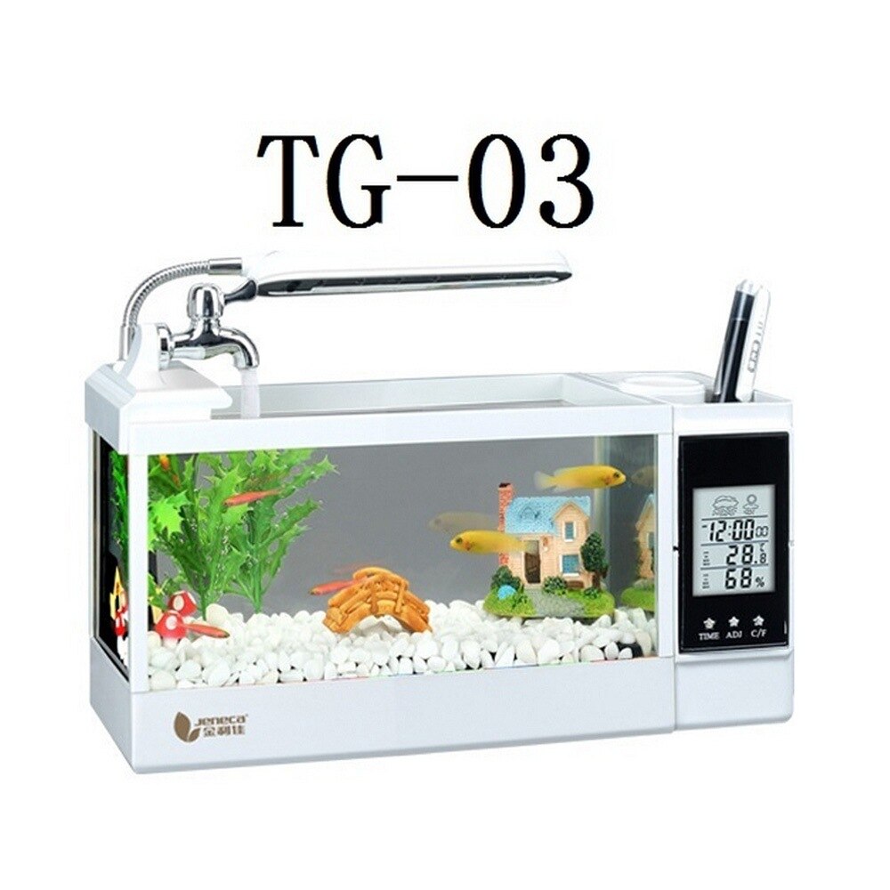 Mini Betta Fish Tanks Aquarium LED Lighting Fish Tank with Pen Holder LCD Display Screen and Clock Mini Aquarium Pecera: TG-03 White