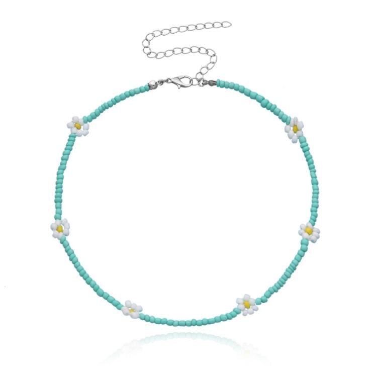 Collier ras du cou court pour femmes, jolie chaîne de perles colorées avec des fleurs de marguerite, bijoux de , coréenne: green