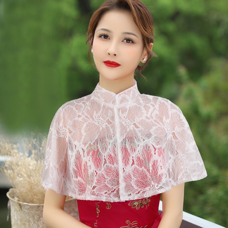 Chal de cuello alto para mujer, chal de encaje Floral, para vestido de noche de graduación, color negro, blanco, champán y rojo: White