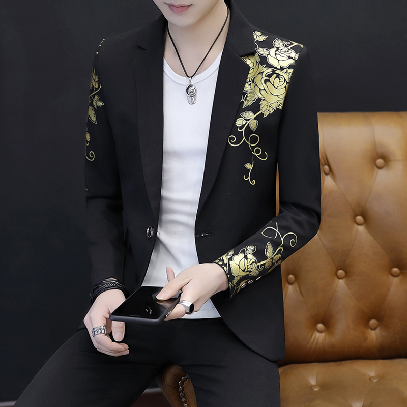 Asian size Men Blazer Slim Fit Designs Korean Elegante Male print Blazer Masculino Button Wedding Casual mens Blazer Jacket: Black / XXXL