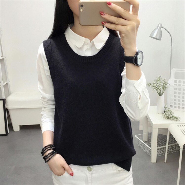 Ærmeløs vest sweater dame preppy stil look rund hals side åbning slids strikket vest pullovers t jumper kvinde strik sweater: Sort vest