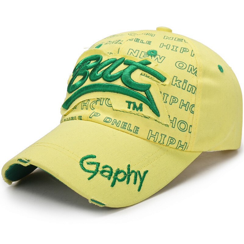 Vintage cassé trou lettre chauve-souris casquette décontracté en plein air casquettes de Baseball pour hommes femmes Snapback casquettes soleil chapeau os Garros: Yellow