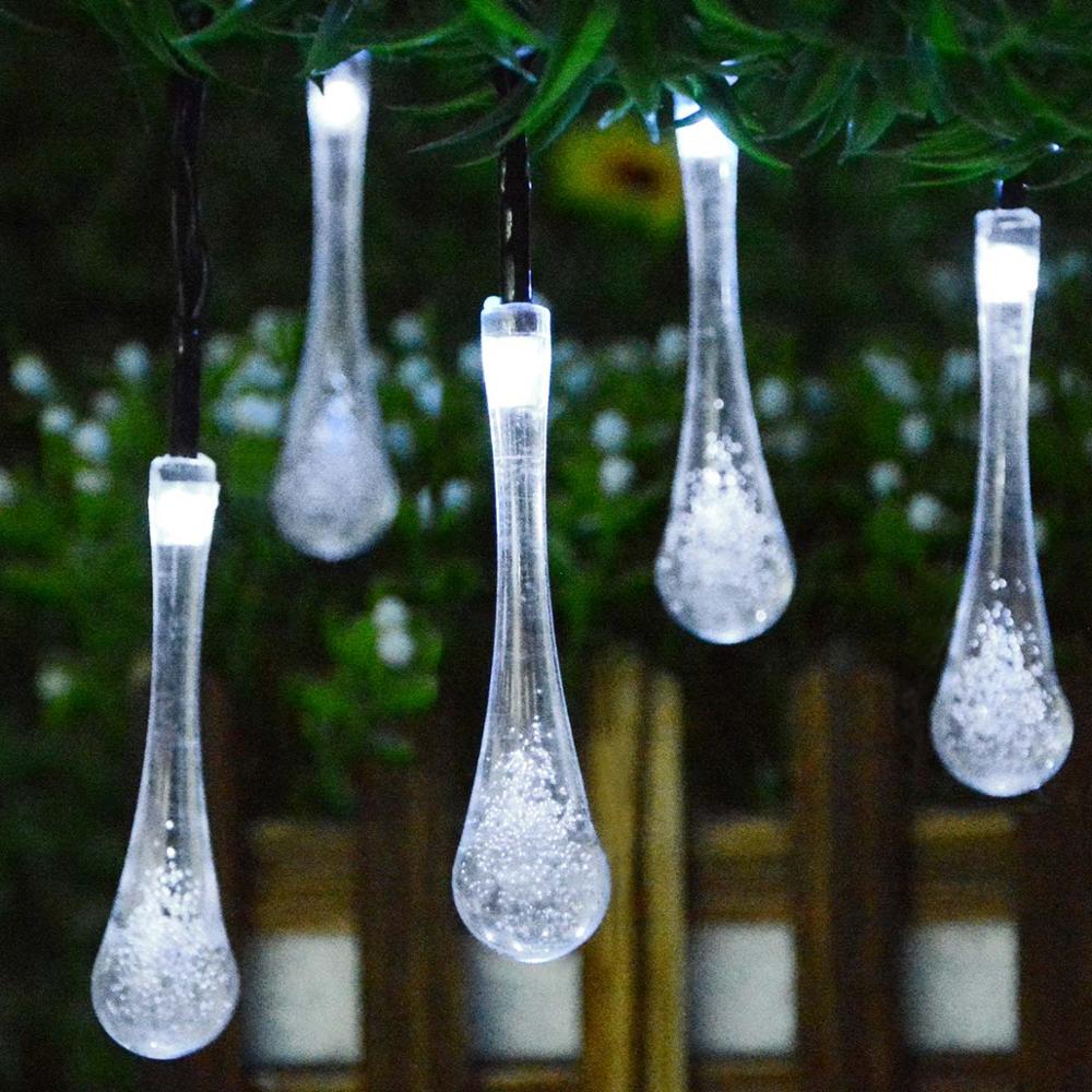 Op zonne-energie oplaadbare led-tuinverlichting, lichtsnoer, feeënlicht, zonne-energie led-verlichting, buitenverlichting voor bruiloften, tuindecoratie, landschapslamp: Witte waterdruppel
