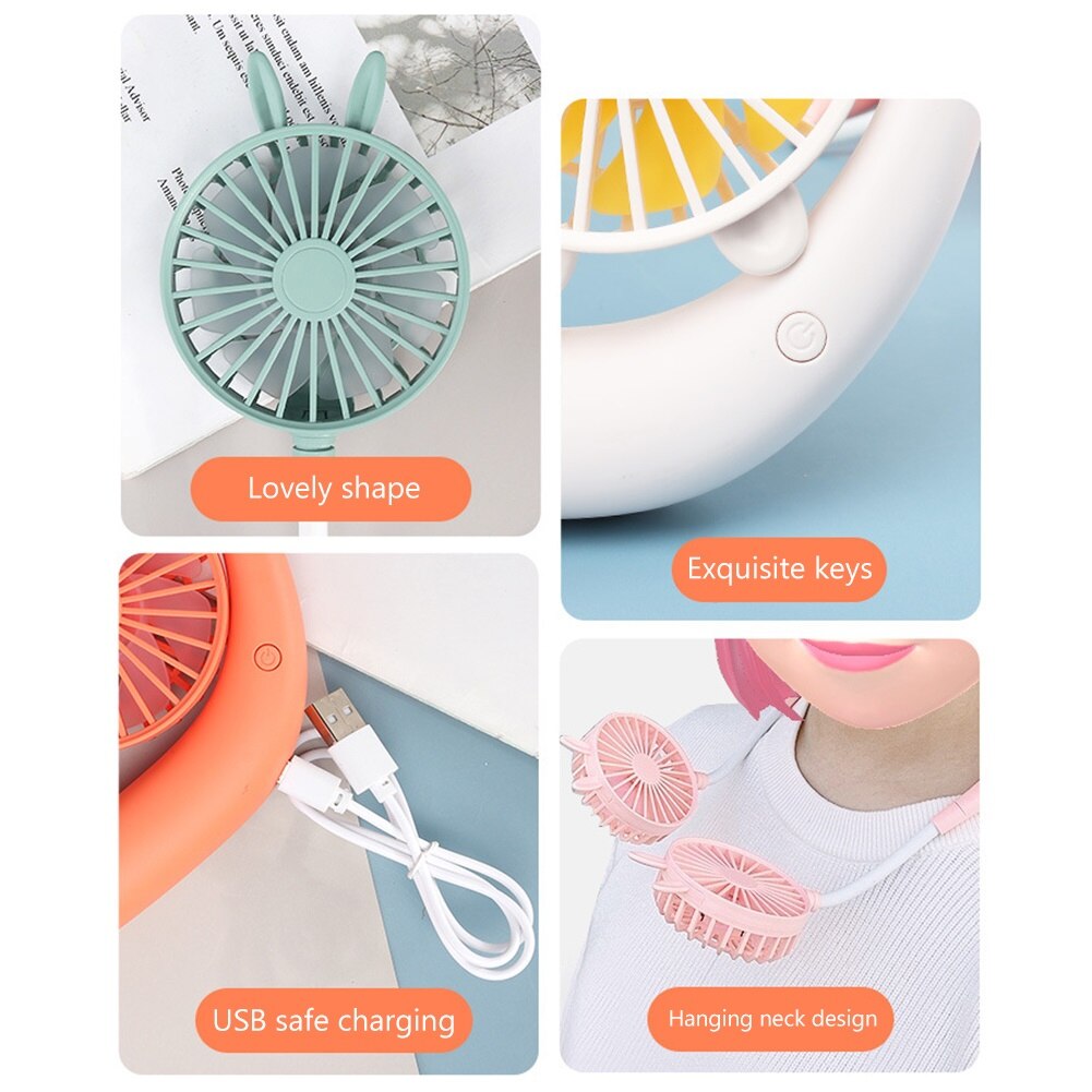 Neck Band Fan Portable Mini Double Wind Head Neckband Fan with USB Rechargeable Air Cooler for Traveling Outdoor Office Portable