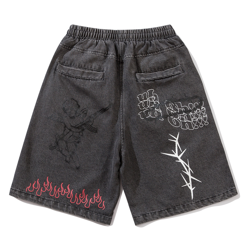 Hip Hop Angel Gun Graffiti Fire Flame Print Men Denim Shorts Streetwear Harajuku Elastic Waist Short Jeans Pants: Black / L