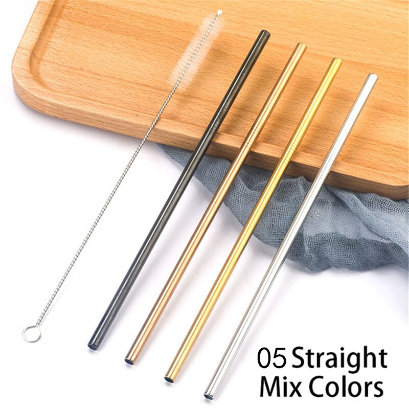 Stainless steel straight/elbow straw portable set reusable straw and straw cleaning brush silver/gold/rose gold/black/rainbow: 5