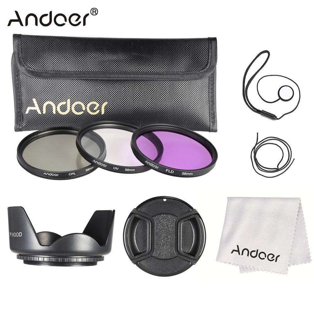 Andoer-kit de filtro de 58mm (uv + capa + fld)., bolsa de transporte de nylon + tampa da lente + suporte de lente + capa de lente + pano de limpeza da lente.