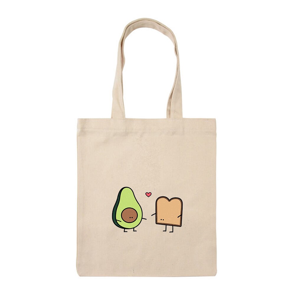 Cute Couple Avocado Print Large Capacity Canvas Tote Bag Cotton Cloth Reusable Shopping Bag Women Beach Handbags Shopping Bags: A216BEIGE