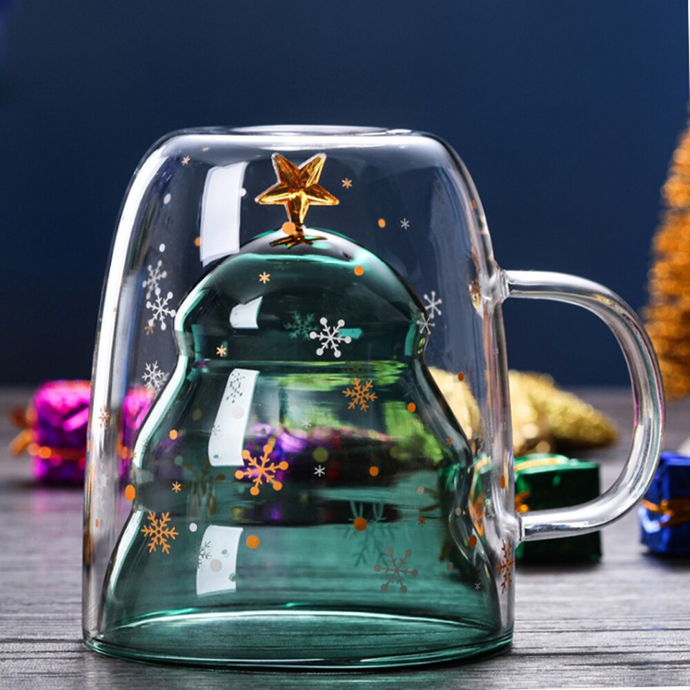300ML Koffie Mok Dubbelwandige Glazen Cup kerstboom Isolatieglas mokken met Handvat Perfect voor Latte, americano Cappuccino