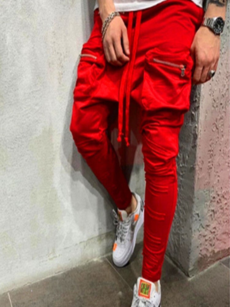 Men Cotton Multi Pocket zipper Casual Cargo Pants Jogging Party Pants: Asian size XXL / Red