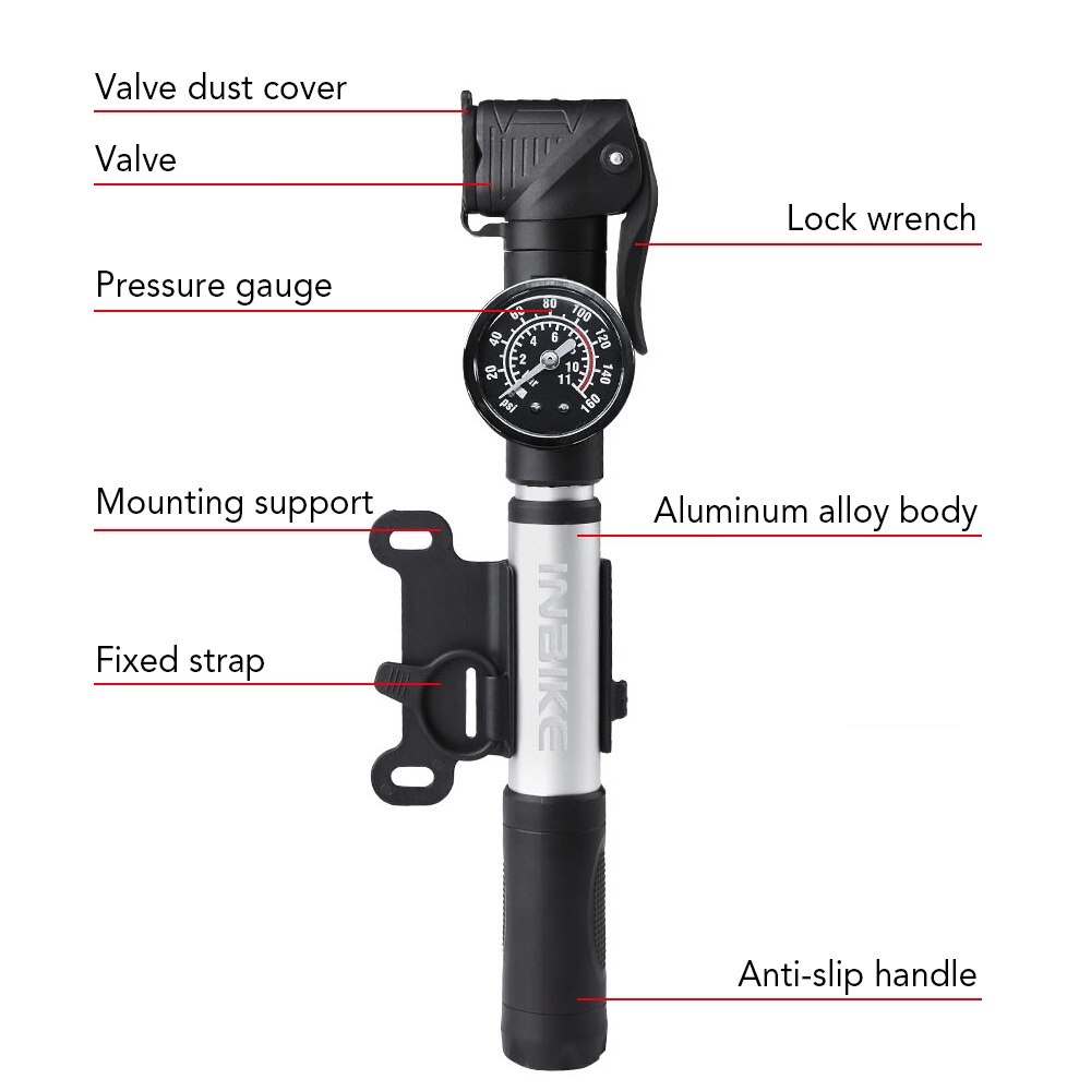 Mini Bike Pump Portable High-pressure Bike Tire Frame Pump Fits Presta Schrader with Pressure Gauge for Road Mountain Bikes