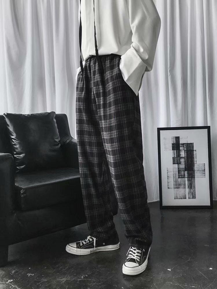 Casual bukser herre plaid løse bukser med brede ben herre simple chic koreansk stil all-match ins trendy streetwear harajuku sa -8