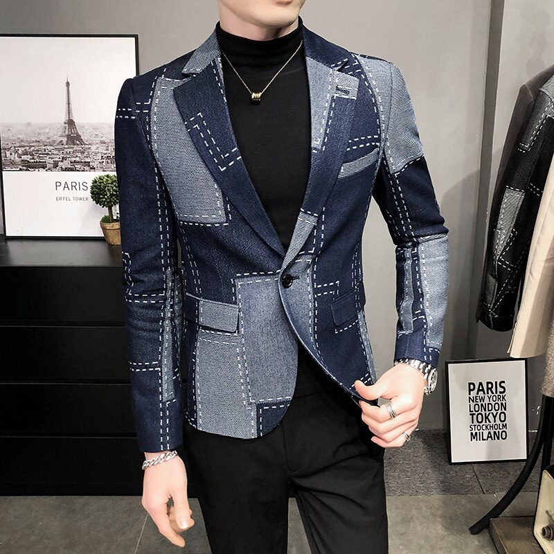 Luxury Denim Blazers Men Spring Autumn Washed Denim Casual Suit Jacket Male Korean Plaid Street Wear Slim Fit Mens Casual Blazer
