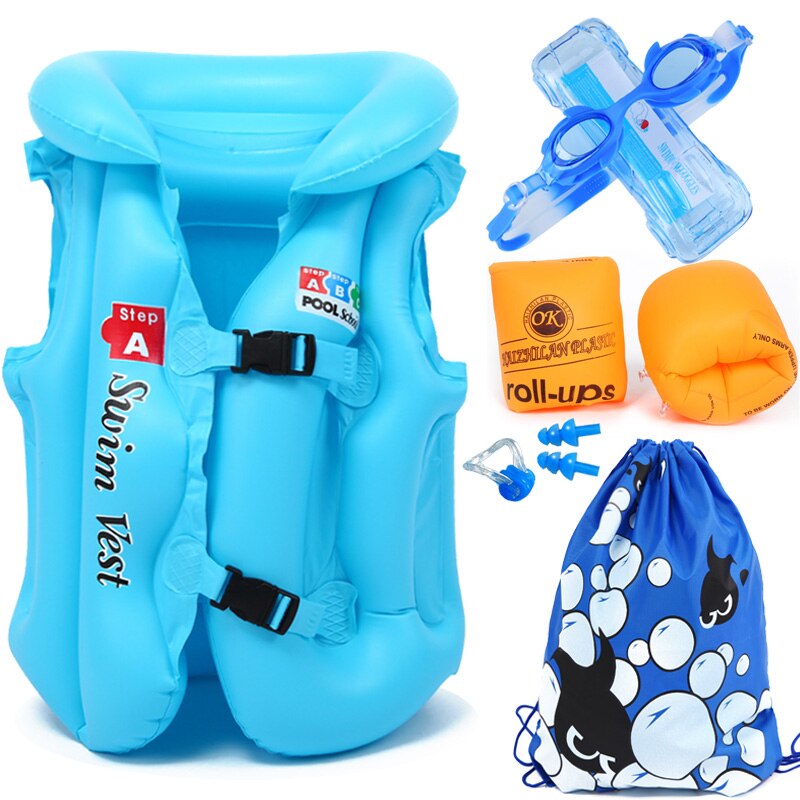 Children Swimming Vest Inflatable Floating Sleeves Goggles Nasal Congestion Earplugs Bag Full Set Buoyancy Lifevest Pool Fishing: Blue Set / S