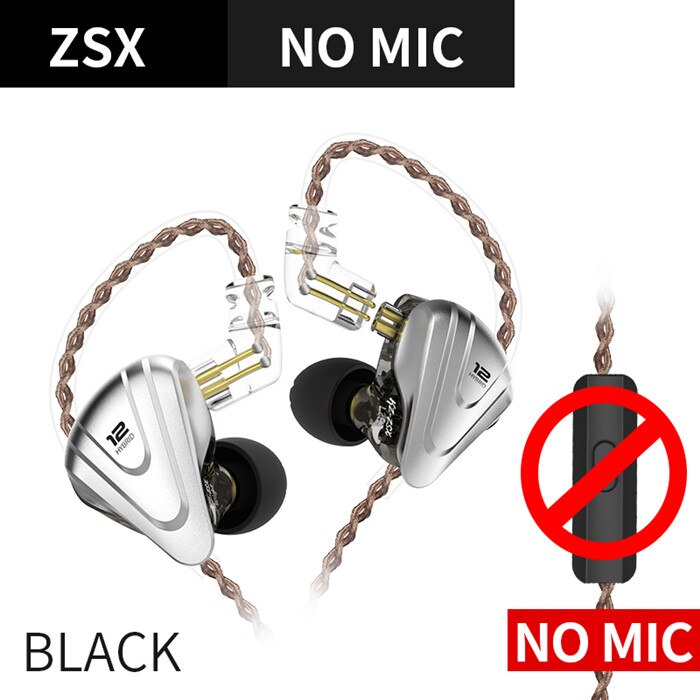 Kz zsx metal-ohrhörer 5ba+1dd hybrid-technologie, 12 treibern, hifi-bass, in-ear-monitor-kopfhörer mit geräuschunterdrückung: Zsx blackno mic