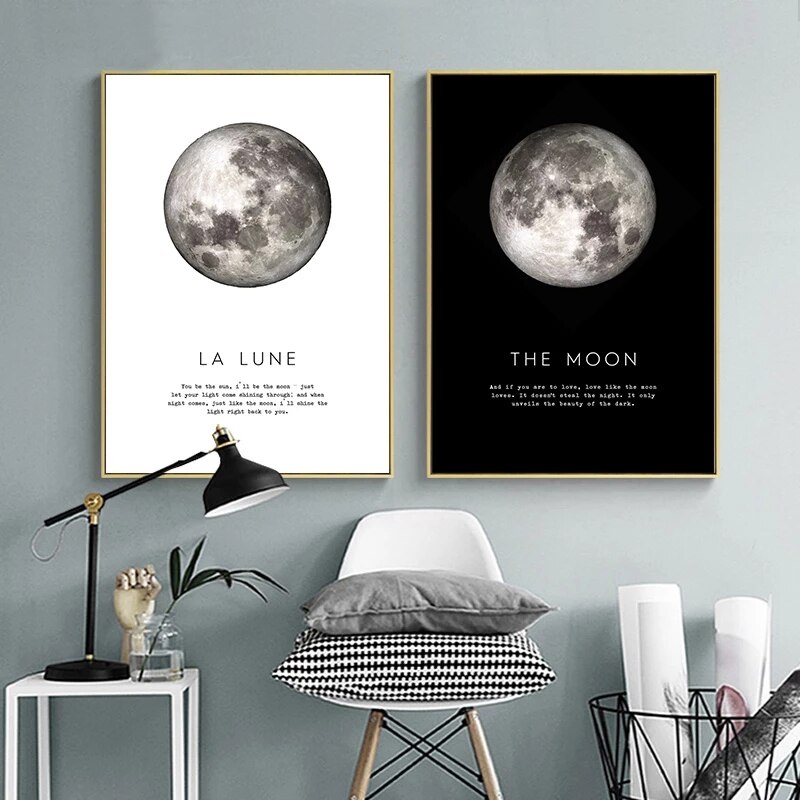 De Maan Quotes Poster Black White Wall Art Print Planeet Schilderen Decoratieve Foto Modern Home Woonkamer Decoratie