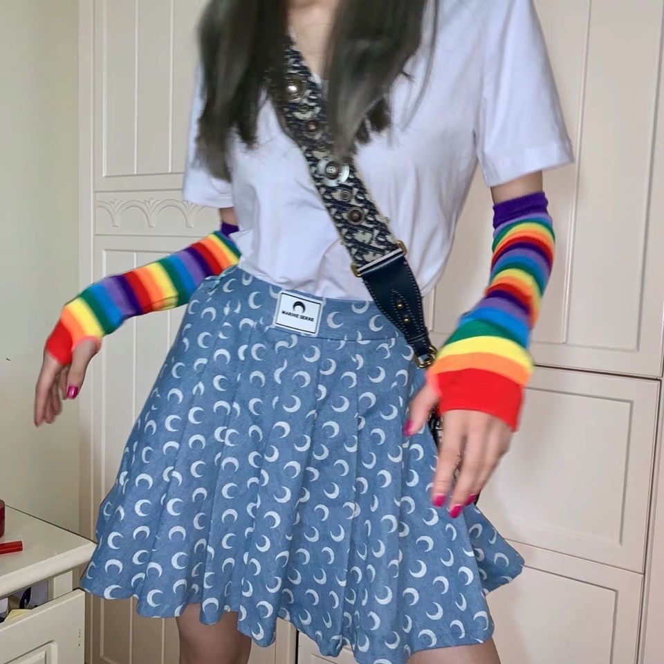 Korean Women Cute Rainbow Arm Warmers Long sleeve Sunscreen Cuffs Female Arm Sleeves UV Protection Thin Sleeves