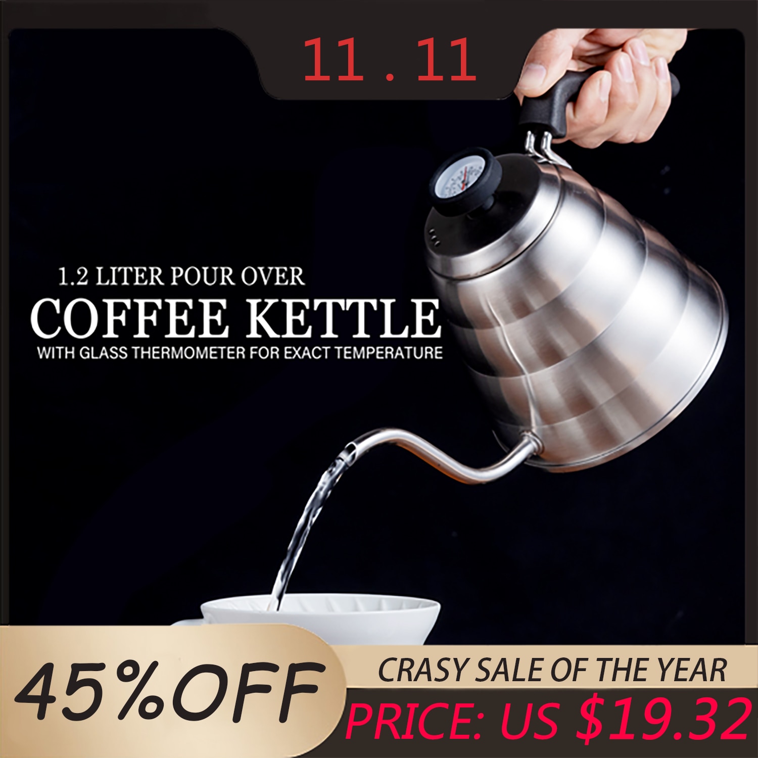 Kaffekanna i rostfritt stål med termometer, tunn svanhals för häll över kaffekanna, fungerar på spishäll , 40oz/1.25l