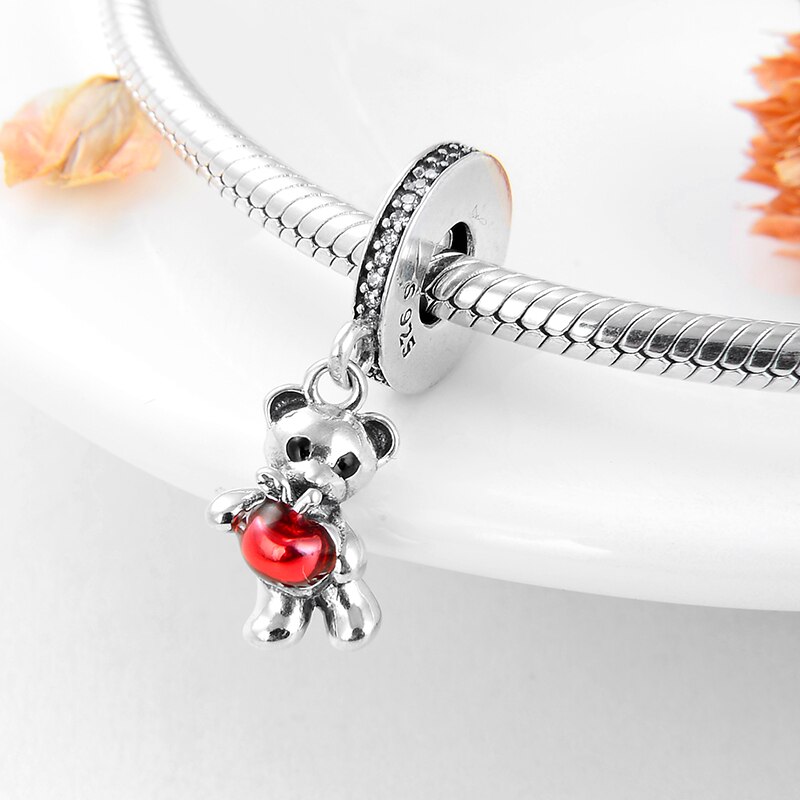 Abalorio de plata DIY para pulsera europea Original, cuentas de plata de ley 925, colgantes de amor, de navidad, oso de manzana