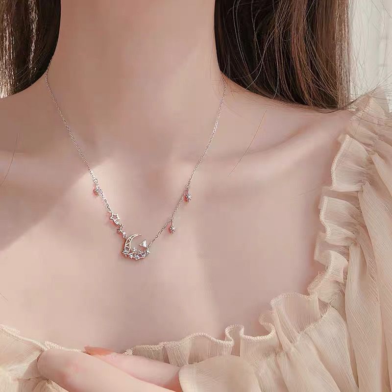 925 silber einfache persönlichkeit Trend Halsband schlüsselbein kette eins halskette mit glänzenden strass mond schmuck für moderne weibliche