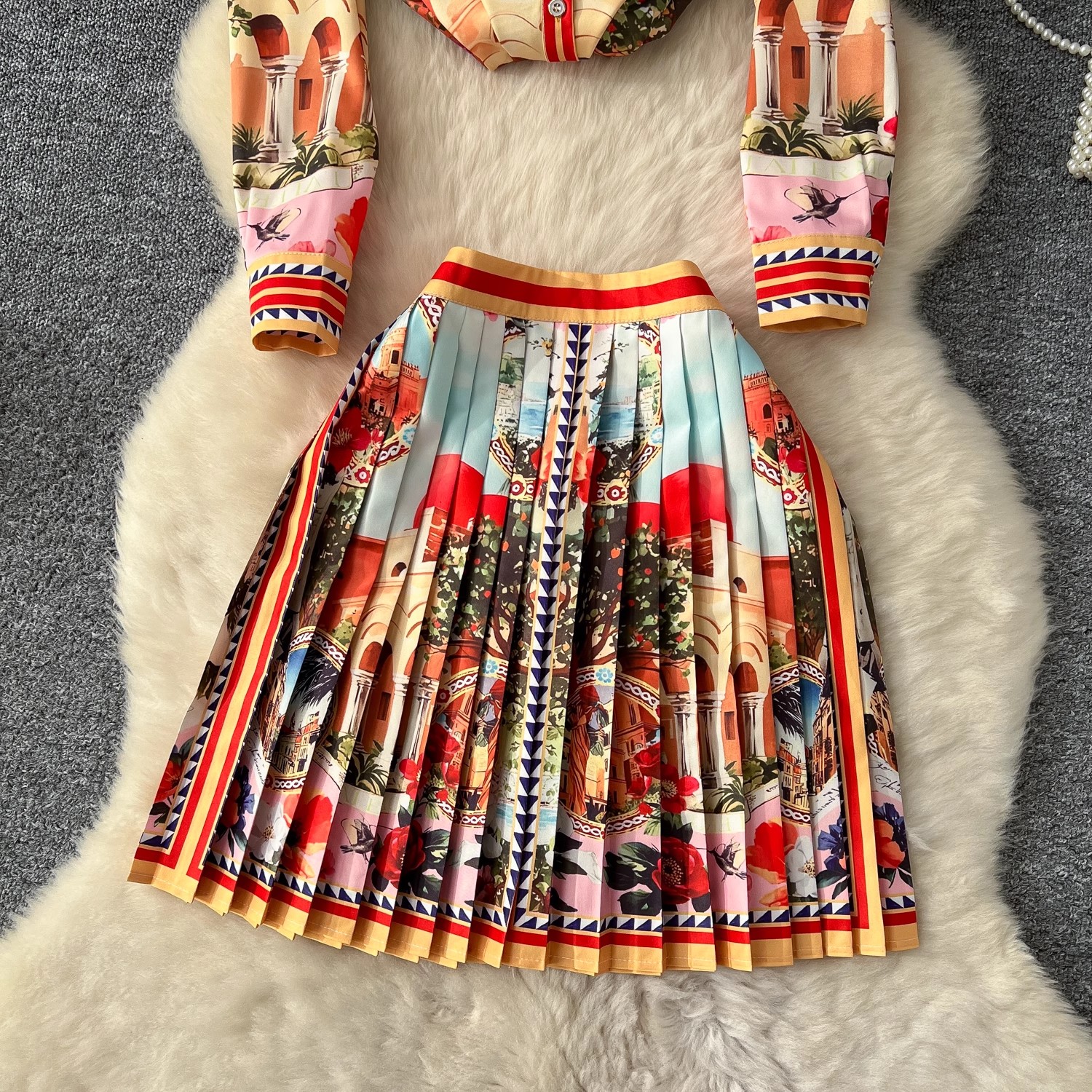 Sommar catwalk vacker blommig kjol kostym långärmad tryckt skjorta toppar + veckad minikjol dam s 2- delade outfits kjol