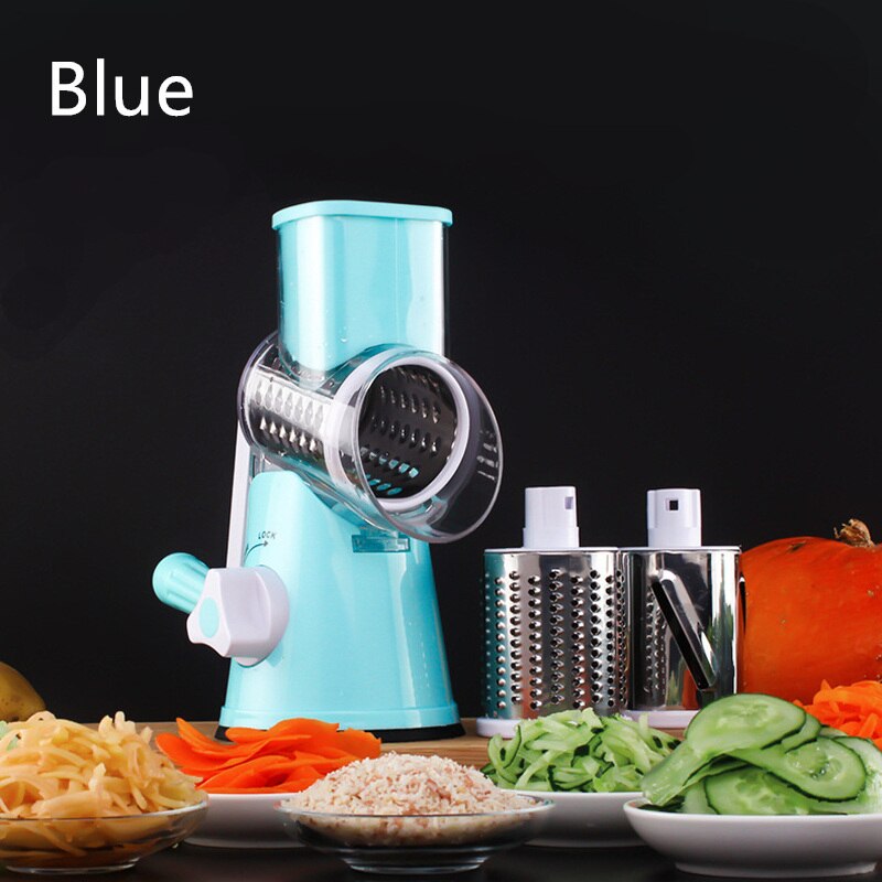 Handleiding Ronde Mandoline Groente Slicer Cutter Ui Aardappel Wortel Rasp Met 3 Chopper Messen Keuken Tafelblad Drum Gadgets: BLUE