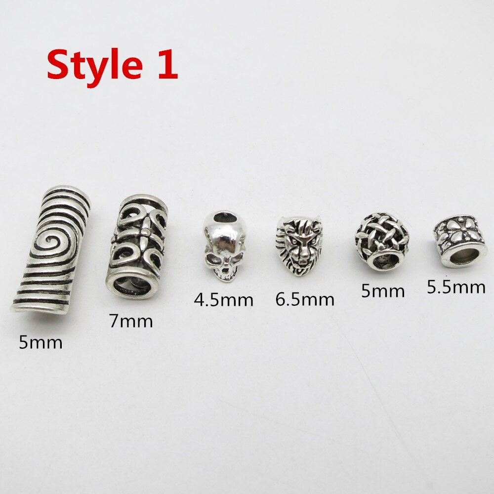 6 st/pack mix metall silver uppsättning hår fläta dreadlock pärlor ringar tubtillbehör ca 4.5mm-5.9mm hål: 6 st stil 1
