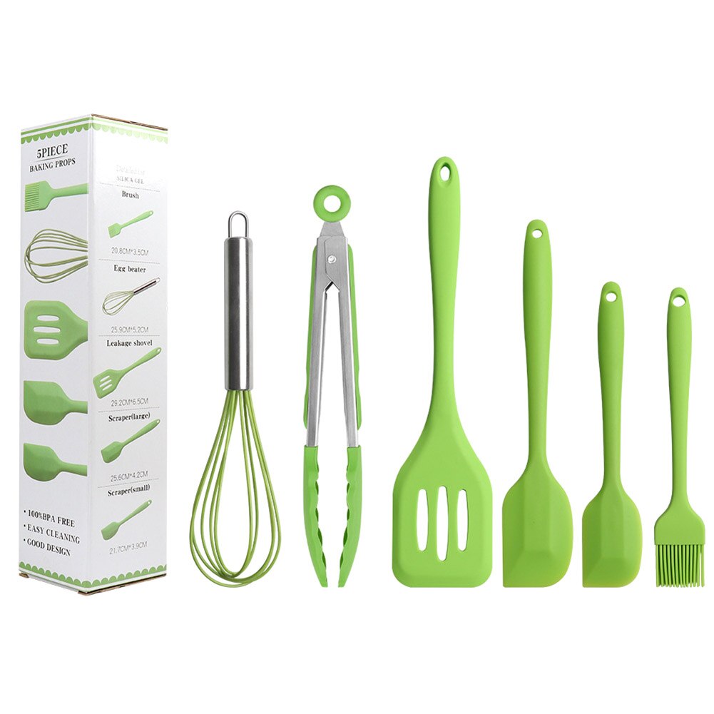 Juego de utensilios de cocina de silicona, 6 pinzas, espátula grande, espátula, batidor de huevos, pala de fugas, utensilios de cocina: green