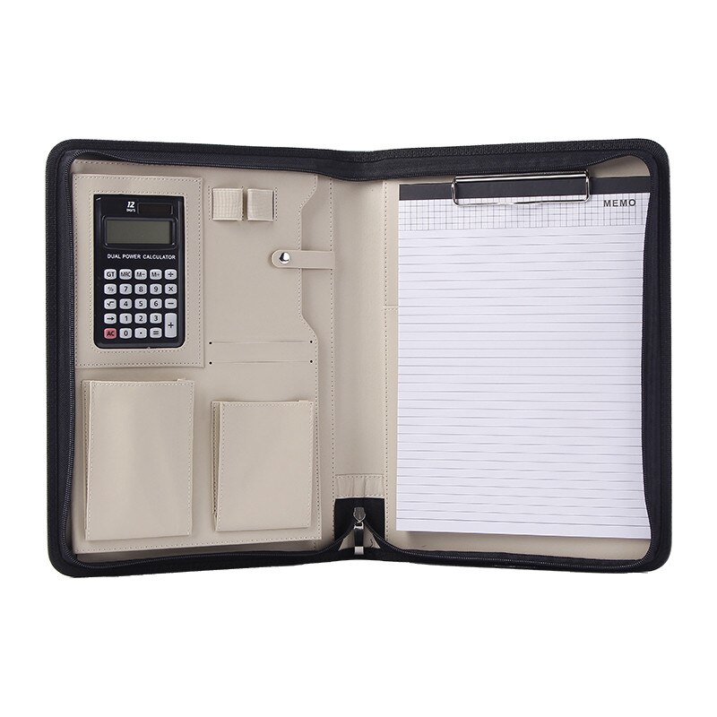A4 Portable File Folder with Calculator Binder Organizer Manager Office Document Pad Briefcase PU Leather Padfolio Bag