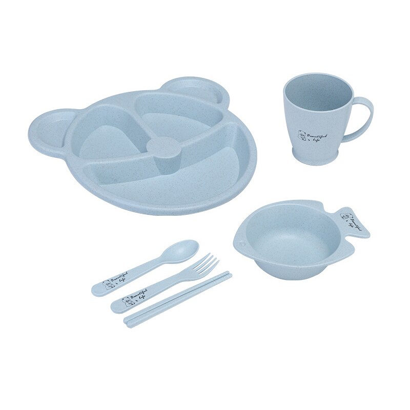 Cute Cartoon Baby Feeding Tableware Children Training Bowl With Spoon Fork Chopsticks Infant Kids Feeding Dinnerware MBG0531: 6Pcs-Blue