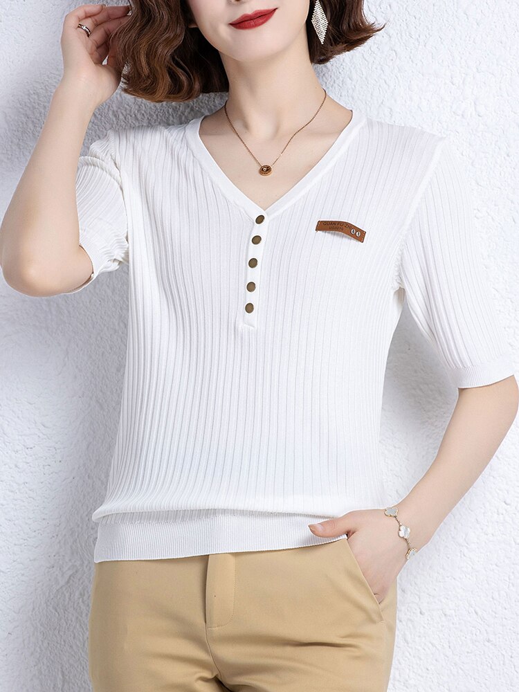 Yisu Zomer Vrouwen Trui V-hals Effen Kleur Tops Korte Mouw Losse Vrouwelijke Casual Gebreide Trui Vrouwen Kleding 2022: WHITE / L