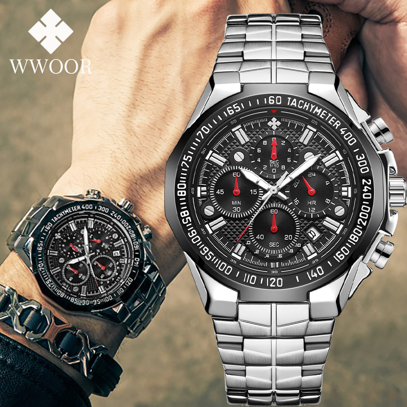 2024 WWOOR herren Uhr Top Luxus Schwarz Armbanduhr Sport Chronograph Stahl Quarz Männer Uhren Relogio Masculino