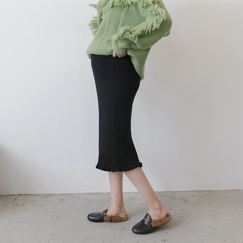 Strikket nederdel moderskabstøj til gravide kvinder efterår vinter strækning bund ribbet split nederdele graviditetstøj