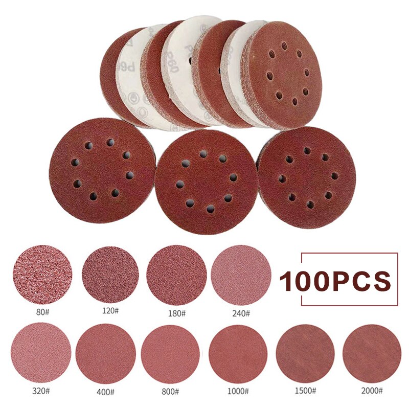 100pcs 5 inch 8 holes 125mm Round Sandpaper Eight Hole Disk Sand Sheets Grit 40-2000 Hook and Loop Sanding Disc Polish
